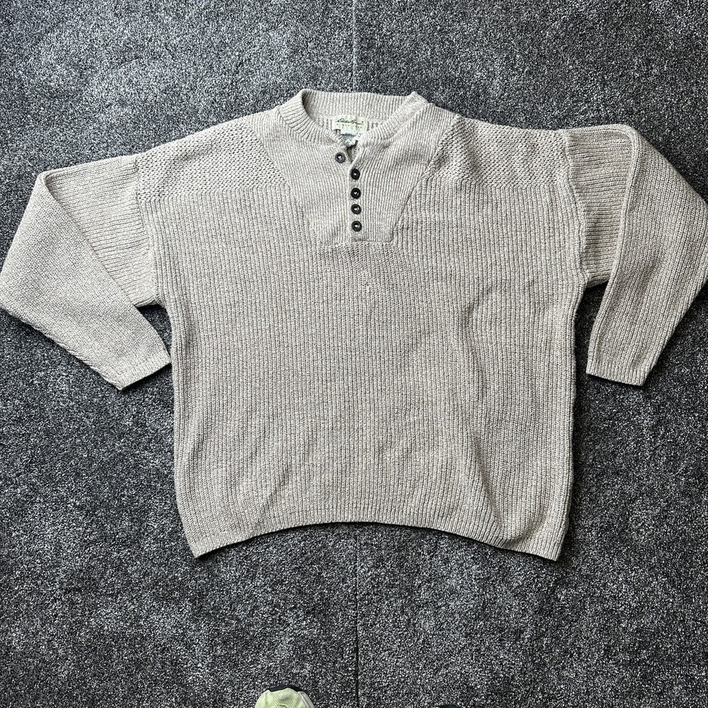 VTG Eddie Bauer Sweater Mens XL Beige Henley Chunky Knit Cotton Wool Heavyweight